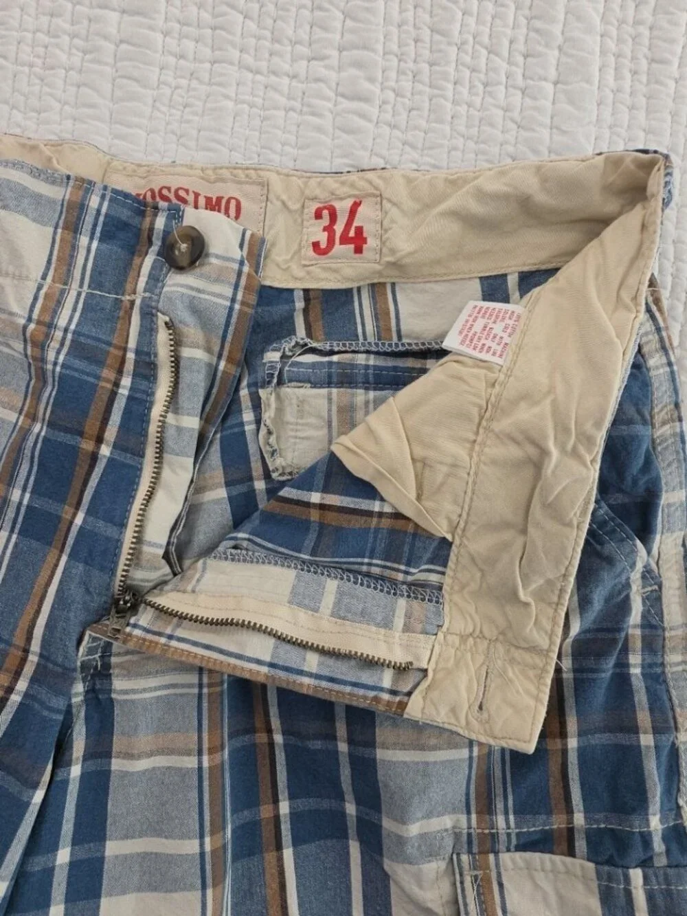 Mossimo Supply Cargo Shorts Mens 34‎ Blue Plaid 100% Cotton 6 Pockets 10
